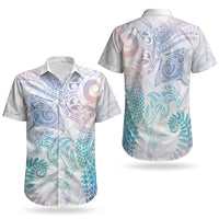 Aotearoa Maori Sea Animals Tribal Couples Matching Off Shoulder Short Dress and Hawaiian Shirt Manta Ray and Shark Moko Pattern Sweet Pastel LT03 - Polynesian Pride