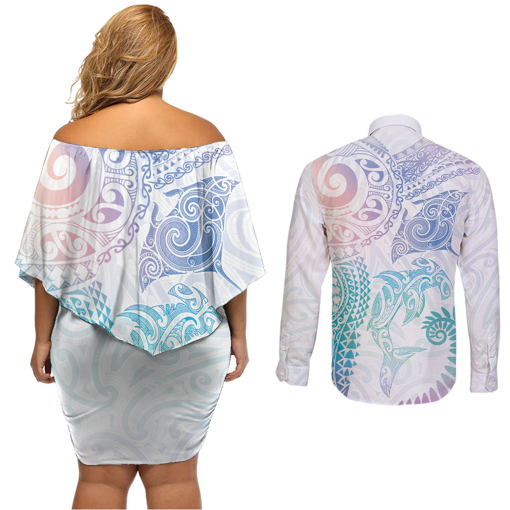 Aotearoa Maori Sea Animals Tribal Couples Matching Off Shoulder Short Dress and Long Sleeve Button Shirt Manta Ray and Shark Moko Pattern Sweet Pastel LT03 - Polynesian Pride