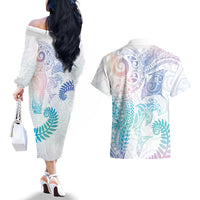 Aotearoa Maori Sea Animals Tribal Couples Matching Off The Shoulder Long Sleeve Dress and Hawaiian Shirt Manta Ray and Shark Moko Pattern Sweet Pastel LT03 - Polynesian Pride