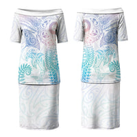 Aotearoa Maori Sea Animals Tribal Couples Matching Puletasi and Long Sleeve Button Shirt Manta Ray and Shark Moko Pattern Sweet Pastel LT03 - Polynesian Pride