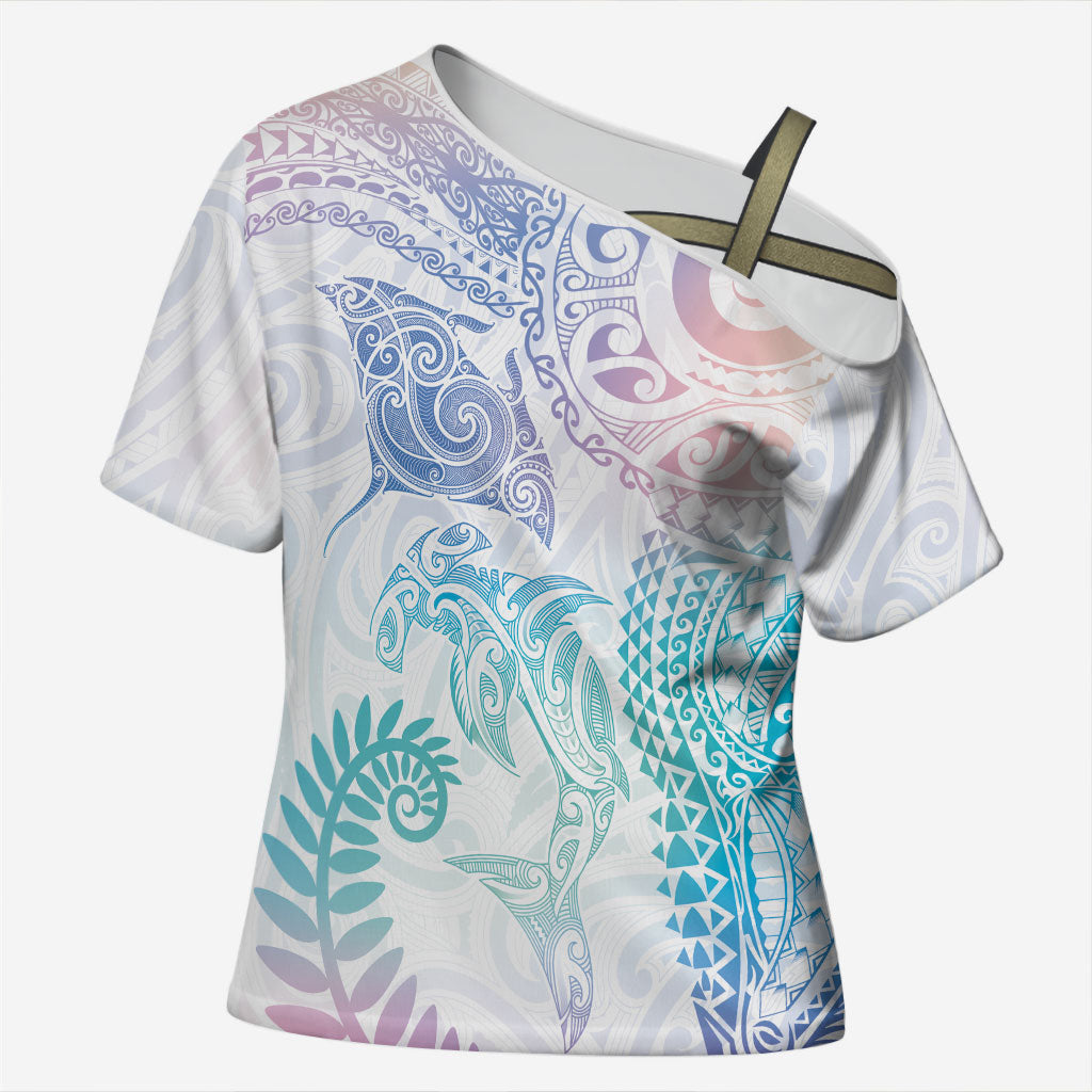 Aotearoa Maori Sea Animals Tribal Cross Shoulder Shirt Manta Ray and Shark Moko Pattern Sweet Pastel