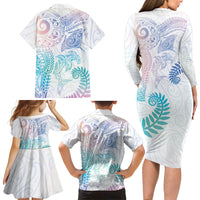 Aotearoa Maori Sea Animals Tribal Family Matching Long Sleeve Bodycon Dress and Hawaiian Shirt Manta Ray and Shark Moko Pattern Sweet Pastel LT03 - Polynesian Pride