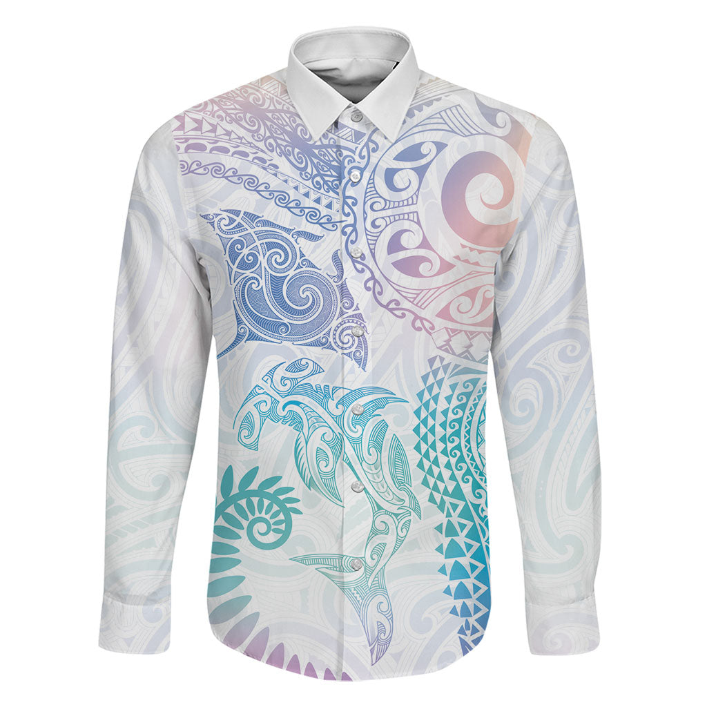Aotearoa Maori Sea Animals Tribal Family Matching Mermaid Dress and Hawaiian Shirt Manta Ray and Shark Moko Pattern Sweet Pastel LT03 Dad's Shirt - Long Sleeve Multicolor - Polynesian Pride