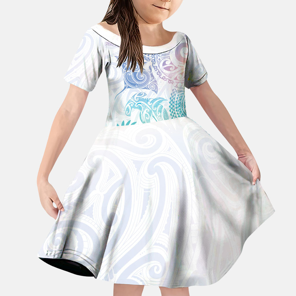 Aotearoa Maori Sea Animals Tribal Family Matching Off The Shoulder Long Sleeve Dress and Hawaiian Shirt Manta Ray and Shark Moko Pattern Sweet Pastel LT03 Daughter's Dress Multicolor - Polynesian Pride