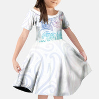 Aotearoa Maori Sea Animals Tribal Family Matching Off The Shoulder Long Sleeve Dress and Hawaiian Shirt Manta Ray and Shark Moko Pattern Sweet Pastel LT03 Daughter's Dress Multicolor - Polynesian Pride