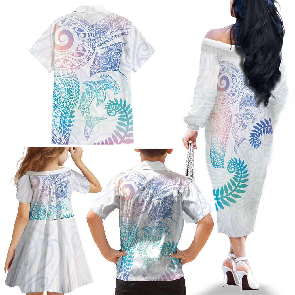 Aotearoa Maori Sea Animals Tribal Family Matching Off The Shoulder Long Sleeve Dress and Hawaiian Shirt Manta Ray and Shark Moko Pattern Sweet Pastel LT03 - Polynesian Pride