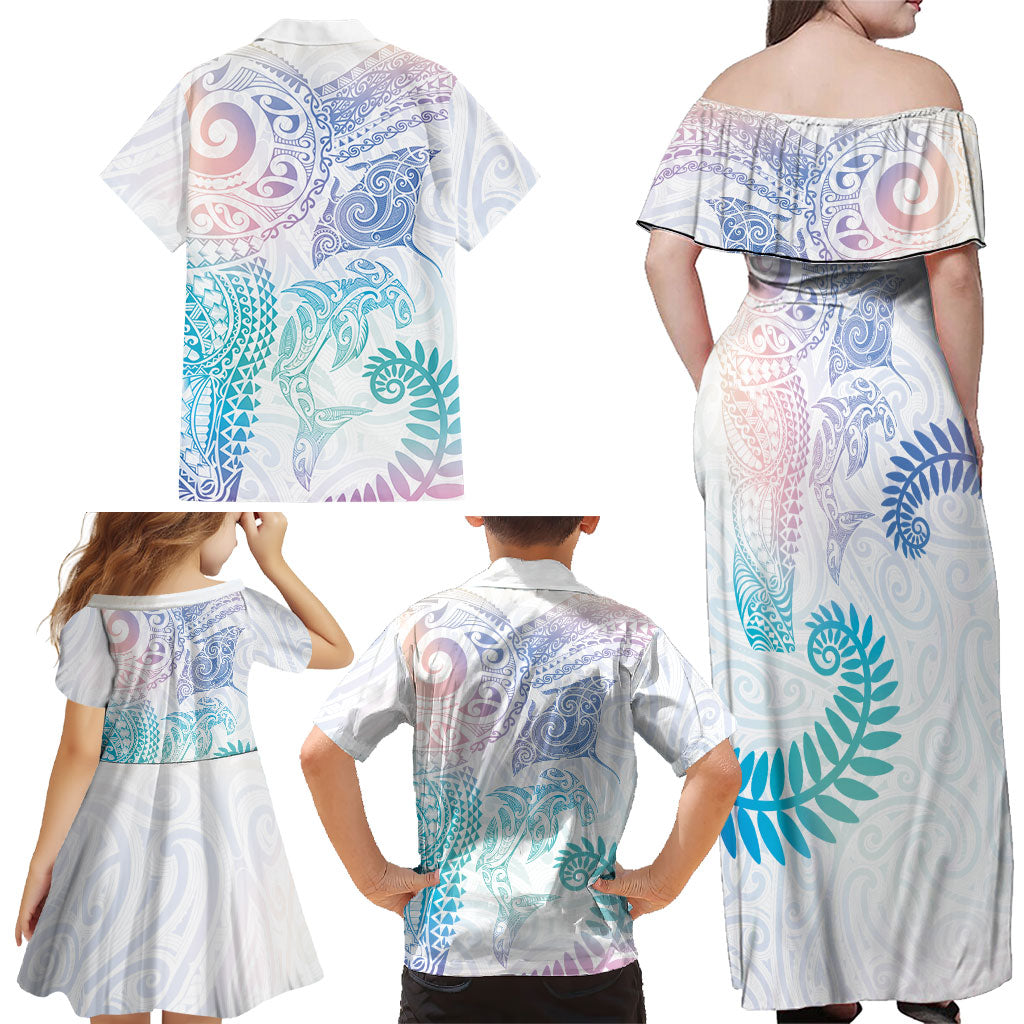 Aotearoa Maori Sea Animals Tribal Family Matching Off Shoulder Maxi Dress and Hawaiian Shirt Manta Ray and Shark Moko Pattern Sweet Pastel LT03 - Polynesian Pride