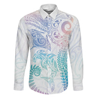 Aotearoa Maori Sea Animals Tribal Family Matching Off Shoulder Maxi Dress and Hawaiian Shirt Manta Ray and Shark Moko Pattern Sweet Pastel LT03 Dad's Shirt - Long Sleeve Multicolor - Polynesian Pride