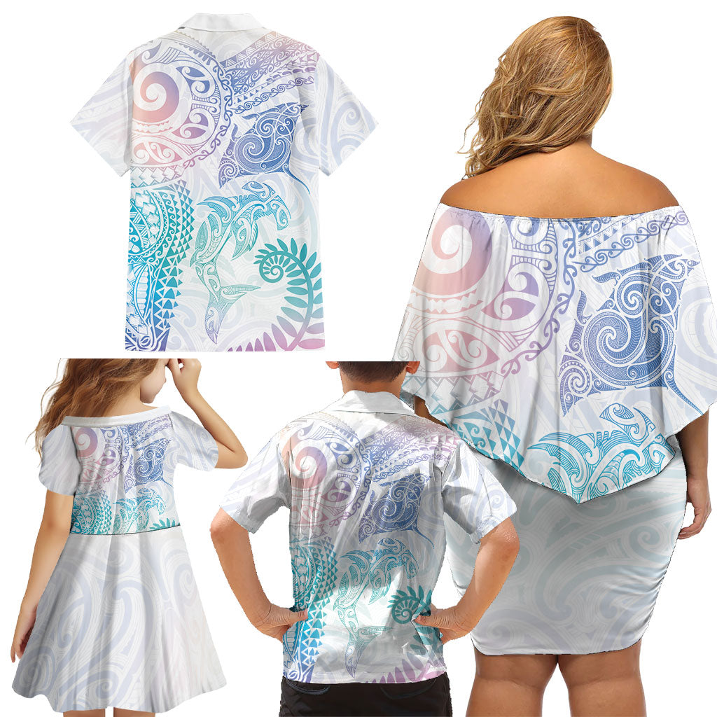 Aotearoa Maori Sea Animals Tribal Family Matching Off Shoulder Short Dress and Hawaiian Shirt Manta Ray and Shark Moko Pattern Sweet Pastel LT03 - Polynesian Pride