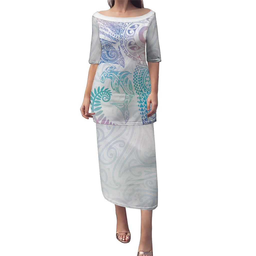 Aotearoa Maori Sea Animals Tribal Family Matching Puletasi and Hawaiian Shirt Manta Ray and Shark Moko Pattern Sweet Pastel LT03 Mom's Dress Multicolor - Polynesian Pride