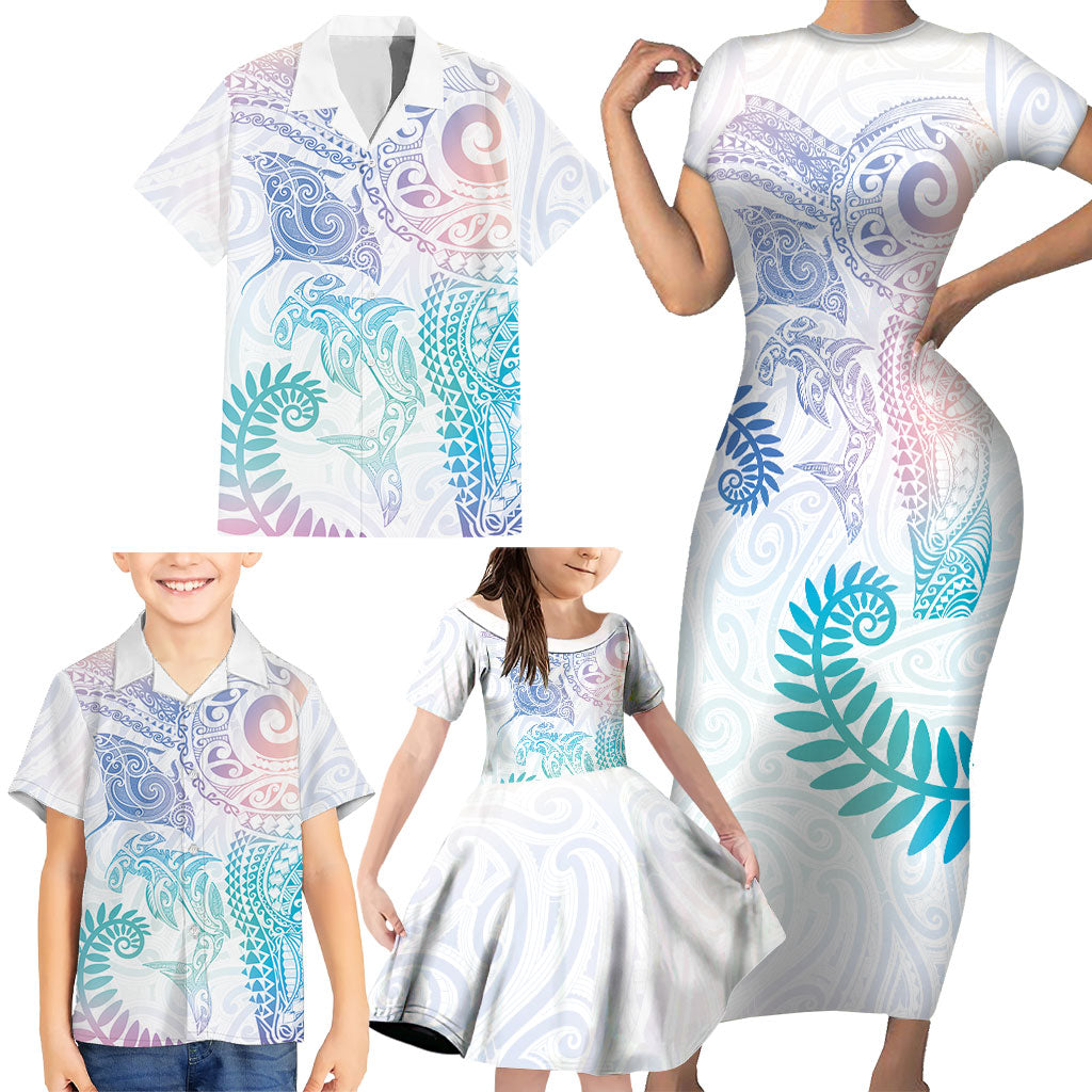 Aotearoa Maori Sea Animals Tribal Family Matching Short Sleeve Bodycon Dress and Hawaiian Shirt Manta Ray and Shark Moko Pattern Sweet Pastel LT03 - Polynesian Pride