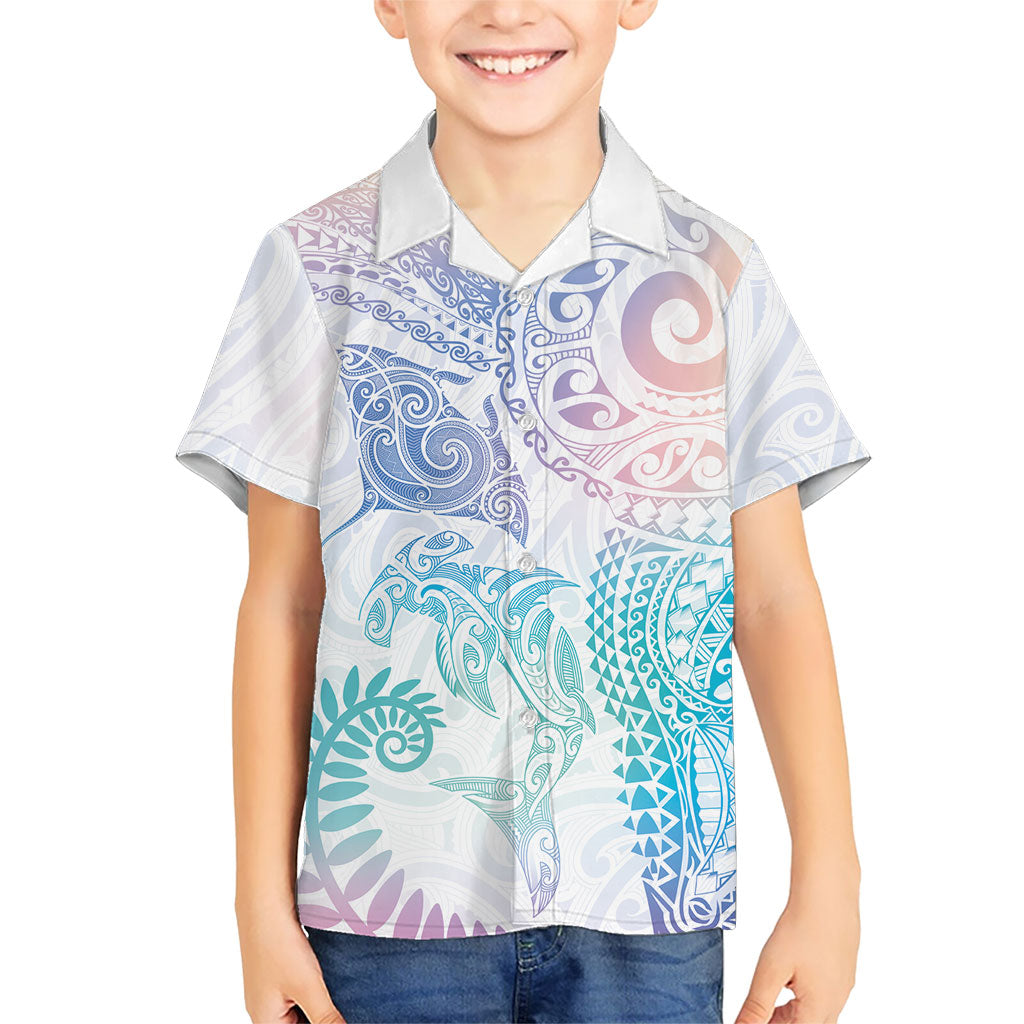 Aotearoa Maori Sea Animals Tribal Kid Hawaiian Shirt Manta Ray and Shark Moko Pattern Sweet Pastel