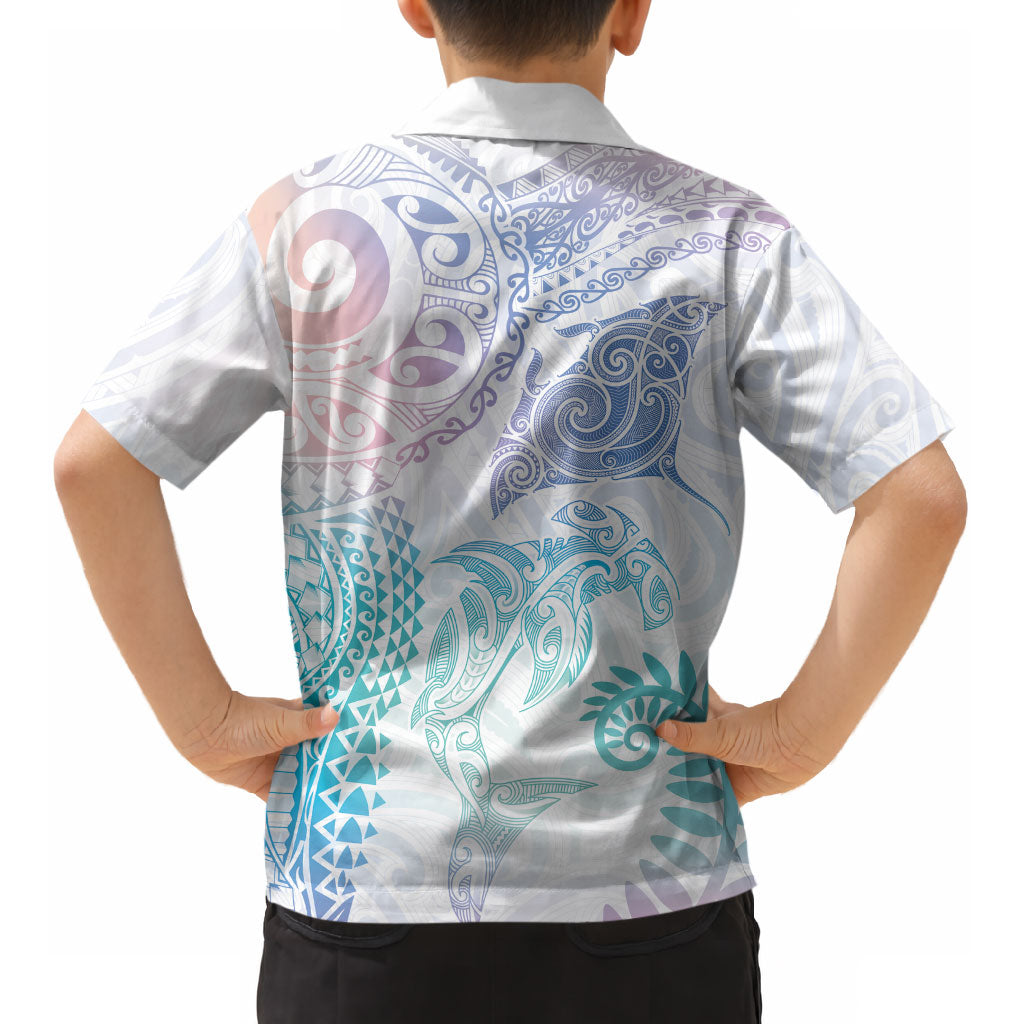 Aotearoa Maori Sea Animals Tribal Kid Hawaiian Shirt Manta Ray and Shark Moko Pattern Sweet Pastel LT03 - Polynesian Pride