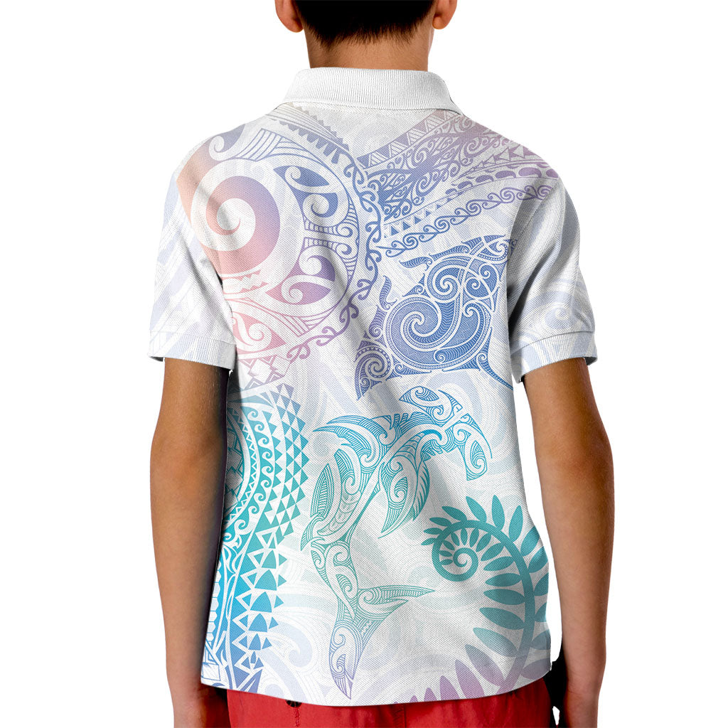 Aotearoa Maori Sea Animals Tribal Kid Polo Shirt Manta Ray and Shark Moko Pattern Sweet Pastel
