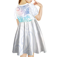 Aotearoa Maori Sea Animals Tribal Kid Short Sleeve Dress Manta Ray and Shark Moko Pattern Sweet Pastel