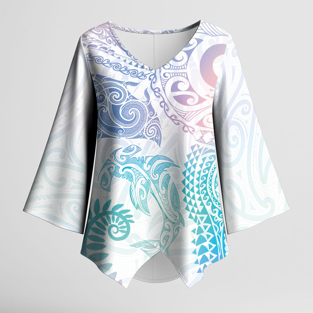 Aotearoa Maori Sea Animals Tribal Kimono Sleeve Blouse Manta Ray and Shark Moko Pattern Sweet Pastel