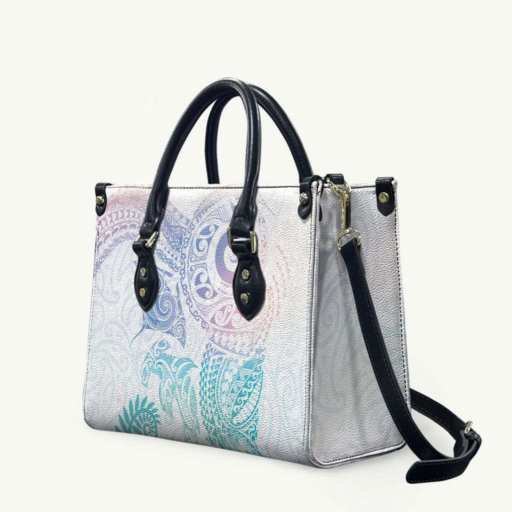 Aotearoa Maori Sea Animals Tribal Leather Bag Manta Ray and Shark Moko Pattern Sweet Pastel