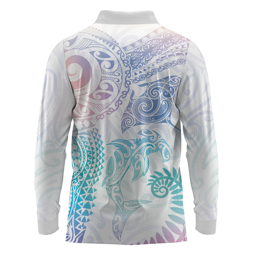 Aotearoa Maori Sea Animals Tribal Long Sleeve Polo Shirt Manta Ray and Shark Moko Pattern Sweet Pastel