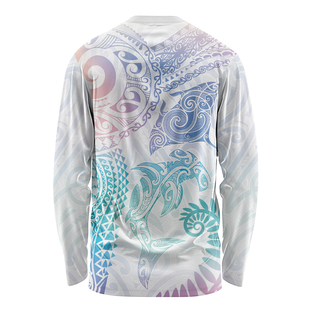 Aotearoa Maori Sea Animals Tribal Long Sleeve Shirt Manta Ray and Shark Moko Pattern Sweet Pastel