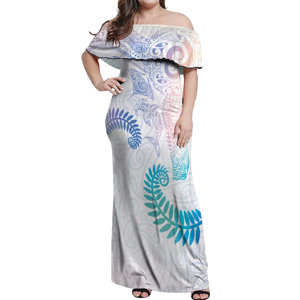 Aotearoa Maori Sea Animals Tribal Off Shoulder Maxi Dress Manta Ray and Shark Moko Pattern Sweet Pastel