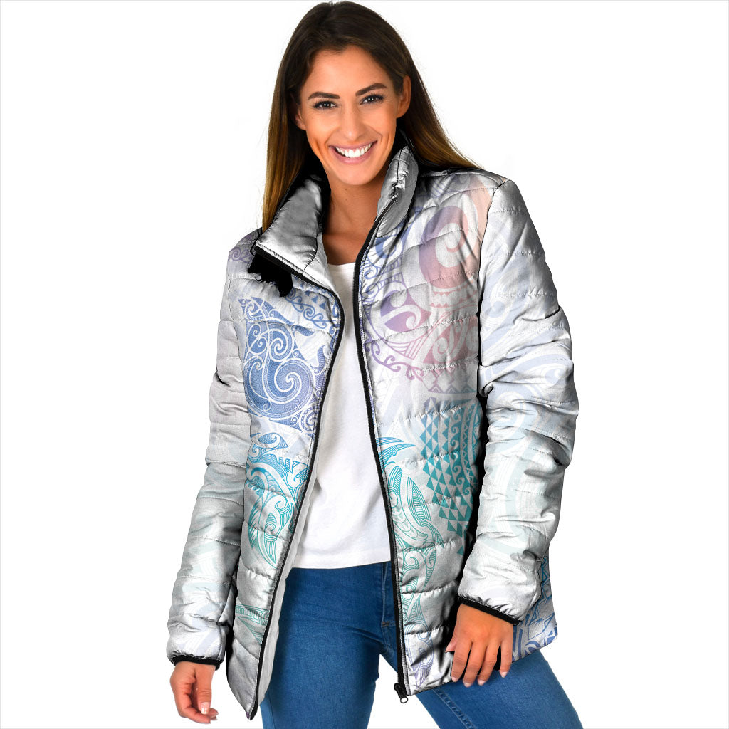 Aotearoa Maori Sea Animals Tribal Padded Jacket Manta Ray and Shark Moko Pattern Sweet Pastel