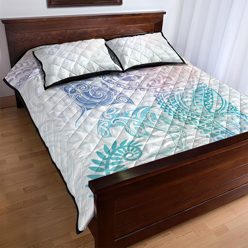 Aotearoa Maori Sea Animals Tribal Quilt Bed Set Manta Ray and Shark Moko Pattern Sweet Pastel