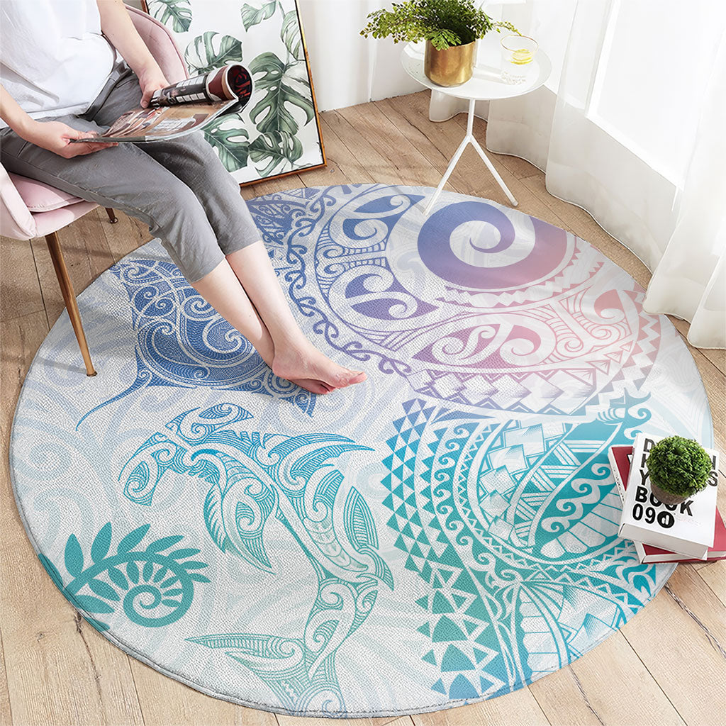 Aotearoa Maori Sea Animals Tribal Round Carpet Manta Ray and Shark Moko Pattern Sweet Pastel LT03 - Polynesian Pride