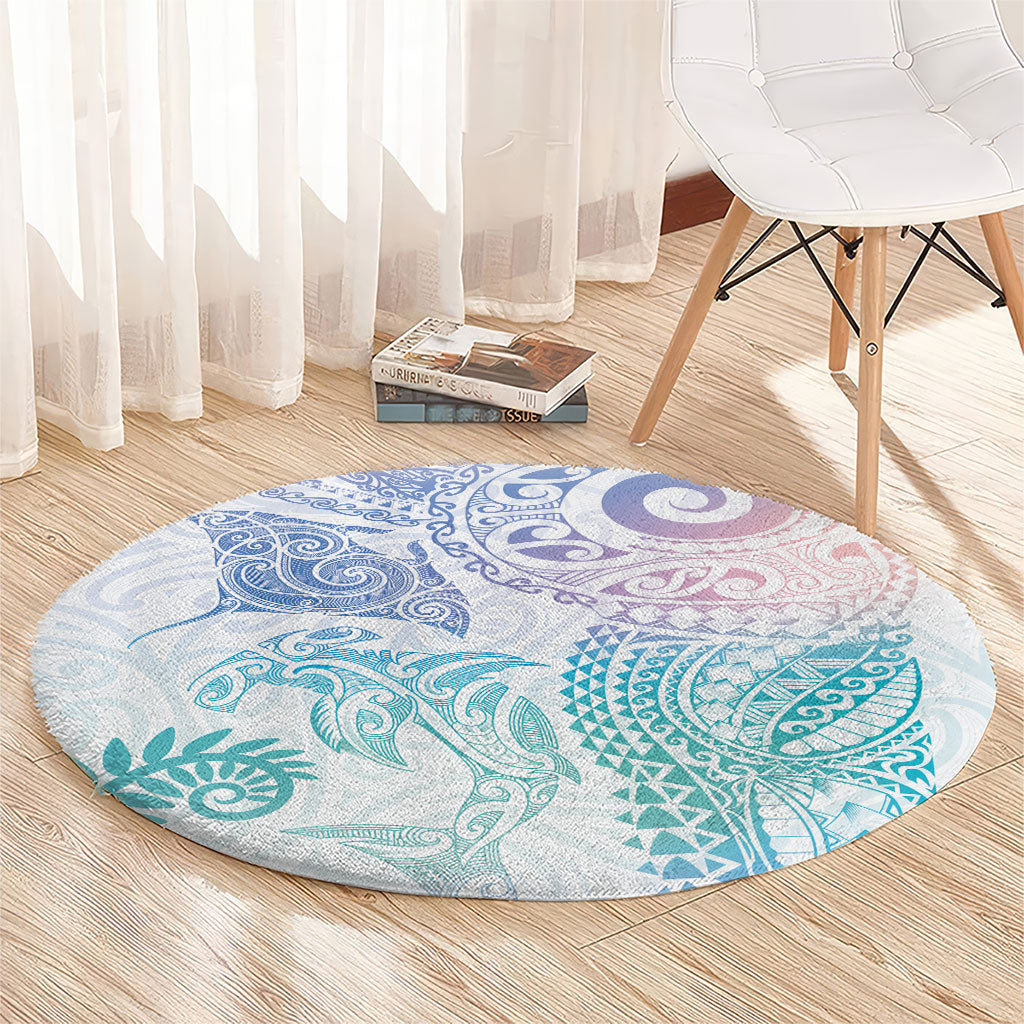 Aotearoa Maori Sea Animals Tribal Round Carpet Manta Ray and Shark Moko Pattern Sweet Pastel LT03 - Polynesian Pride