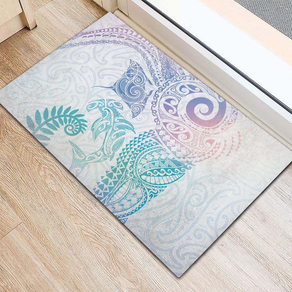 Aotearoa Maori Sea Animals Tribal Rubber Doormat Manta Ray and Shark Moko Pattern Sweet Pastel