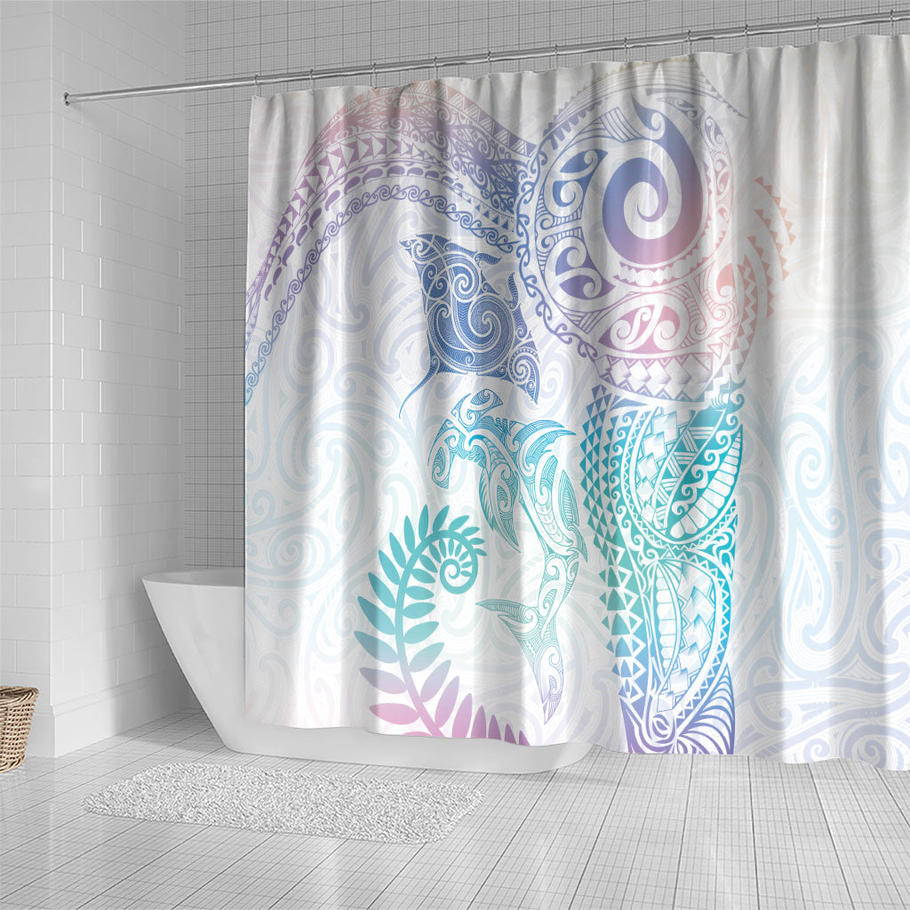 Aotearoa Maori Sea Animals Tribal Shower Curtain Manta Ray and Shark Moko Pattern Sweet Pastel