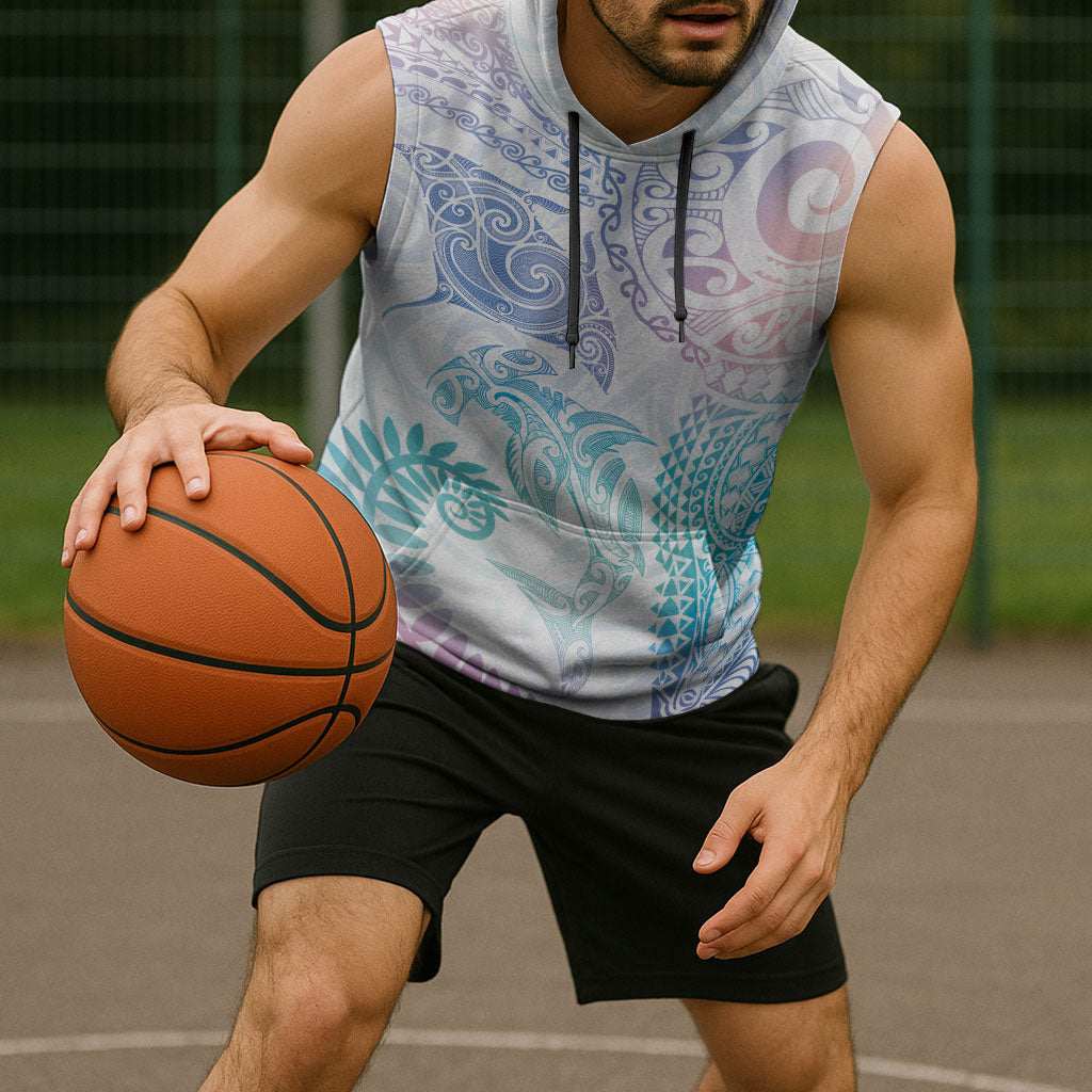 Aotearoa Maori Sea Animals Tribal Sleeveless Hoodie Manta Ray and Shark Moko Pattern Sweet Pastel