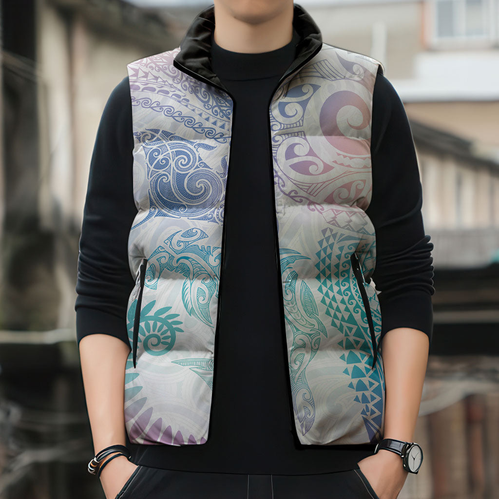 Aotearoa Maori Sea Animals Tribal Sleeveless Puffer Jacket Manta Ray and Shark Moko Pattern Sweet Pastel