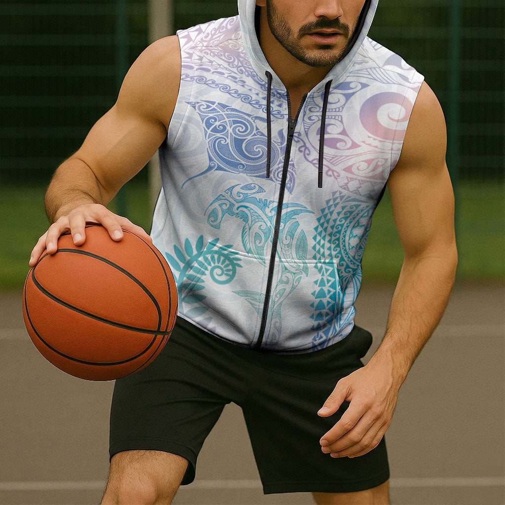 Aotearoa Maori Sea Animals Tribal Sleeveless Zip Hoodie Manta Ray and Shark Moko Pattern Sweet Pastel