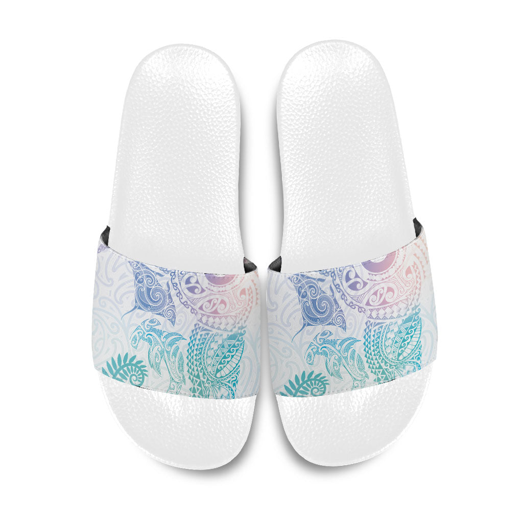 Aotearoa Maori Sea Animals Tribal Slide Sandals Manta Ray and Shark Moko Pattern Sweet Pastel