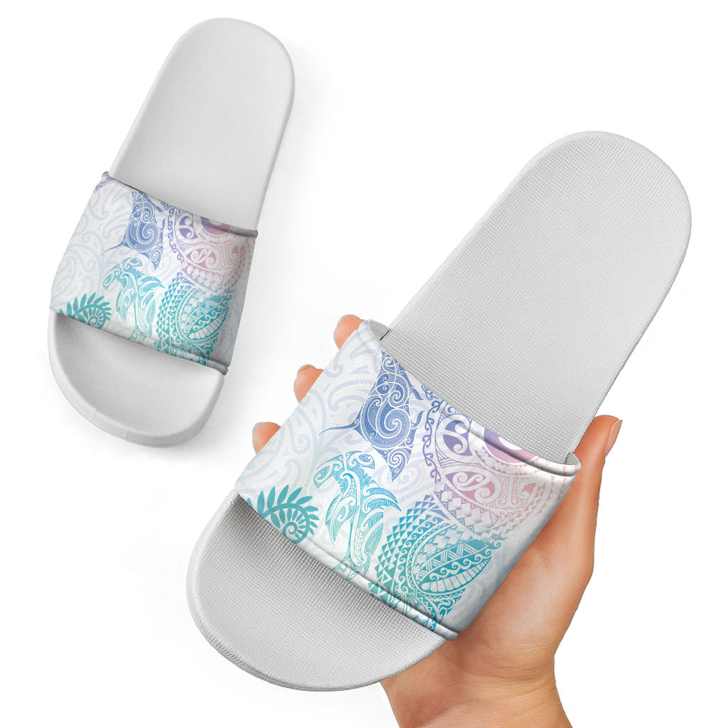 Aotearoa Maori Sea Animals Tribal Slide Sandals Manta Ray and Shark Moko Pattern Sweet Pastel