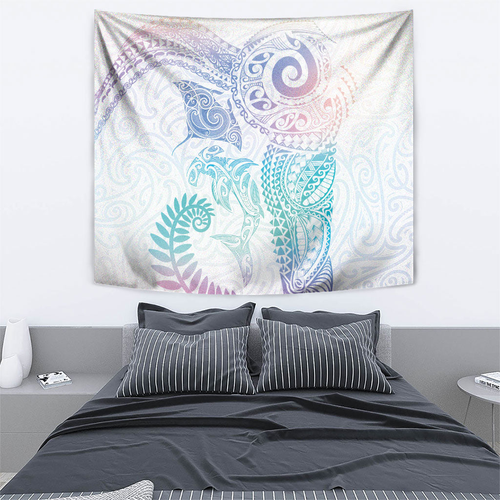 Aotearoa Maori Sea Animals Tribal Tapestry Manta Ray and Shark Moko Pattern Sweet Pastel