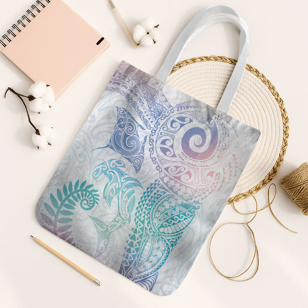 Aotearoa Maori Sea Animals Tribal Tote Bag Manta Ray and Shark Moko Pattern Sweet Pastel