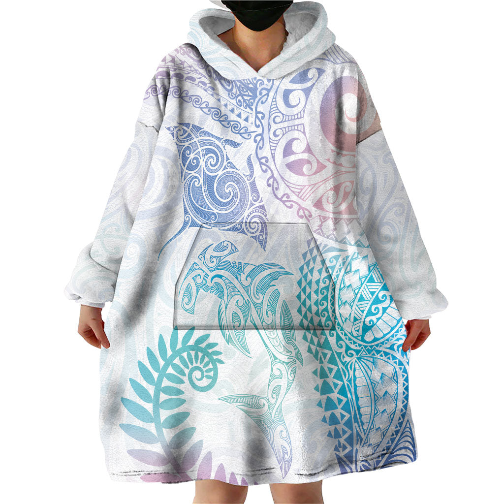 Aotearoa Maori Sea Animals Tribal Wearable Blanket Hoodie Manta Ray and Shark Moko Pattern Sweet Pastel