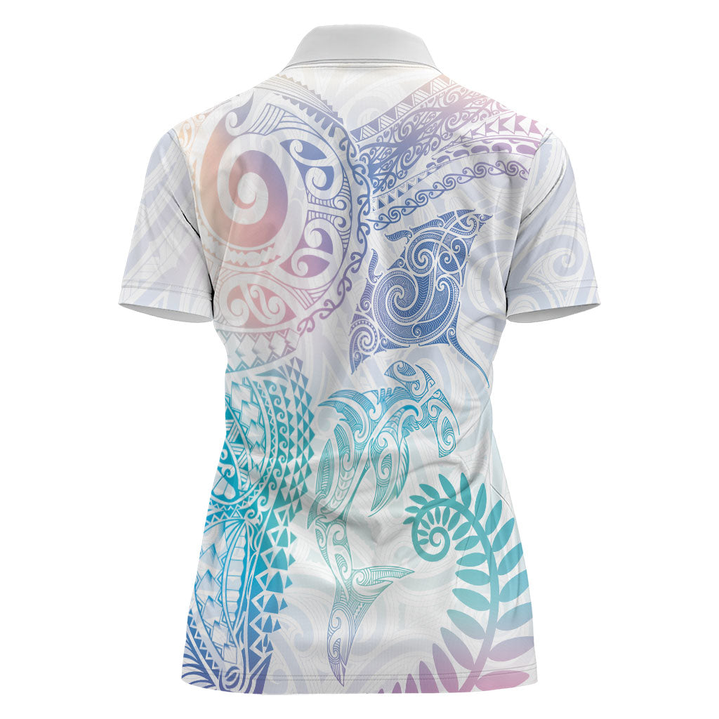 Aotearoa Maori Sea Animals Tribal Women Polo Shirt Manta Ray and Shark Moko Pattern Sweet Pastel LT03 - Polynesian Pride