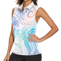 Aotearoa Maori Sea Animals Tribal Women Sleeveless Polo Shirt Manta Ray and Shark Moko Pattern Sweet Pastel LT03 - Polynesian Pride