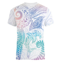 Aotearoa Maori Sea Animals Tribal Women V-Neck T-Shirt Manta Ray and Shark Moko Pattern Sweet Pastel LT03 - Polynesian Pride