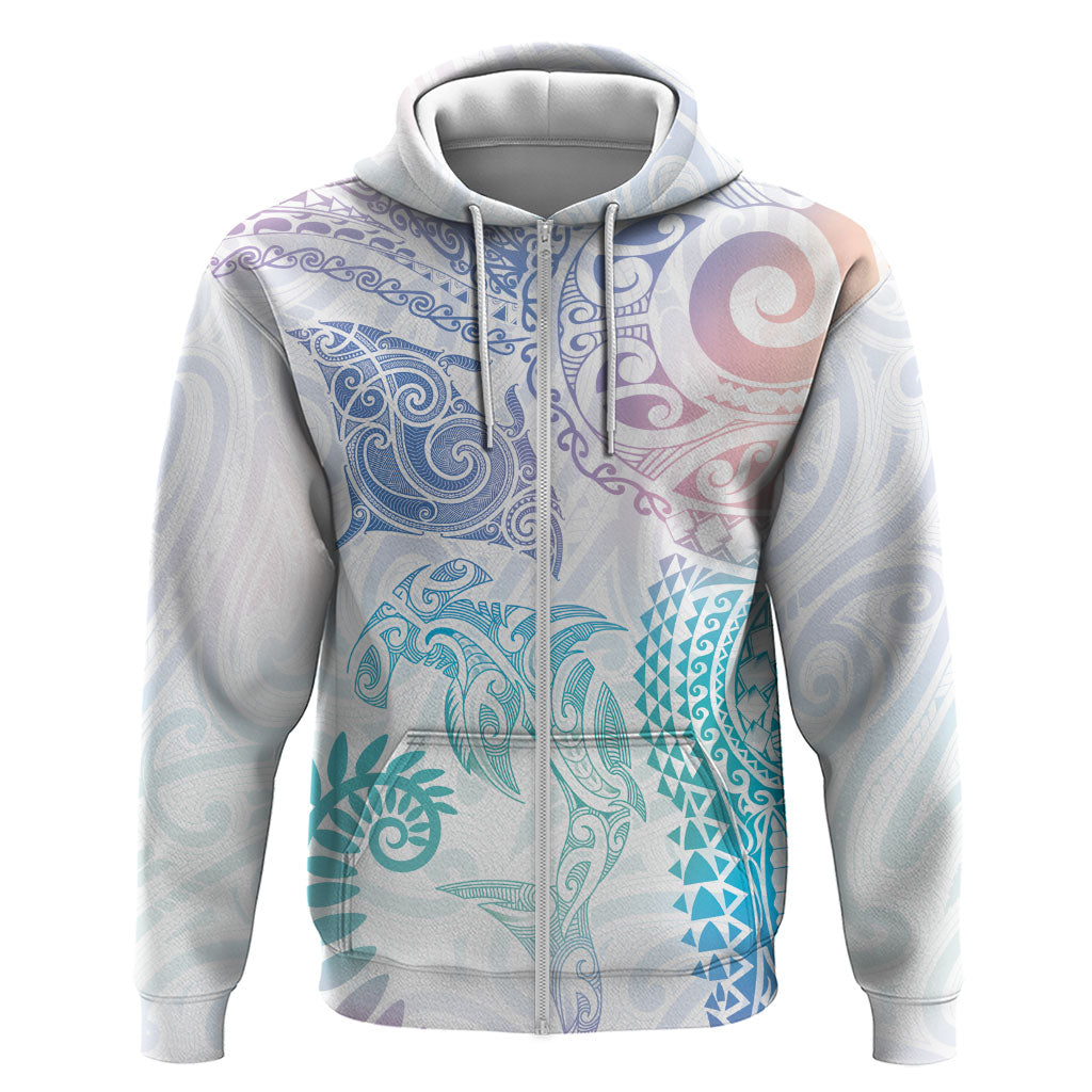 Aotearoa Maori Sea Animals Tribal Zip Hoodie Manta Ray and Shark Moko Pattern Sweet Pastel
