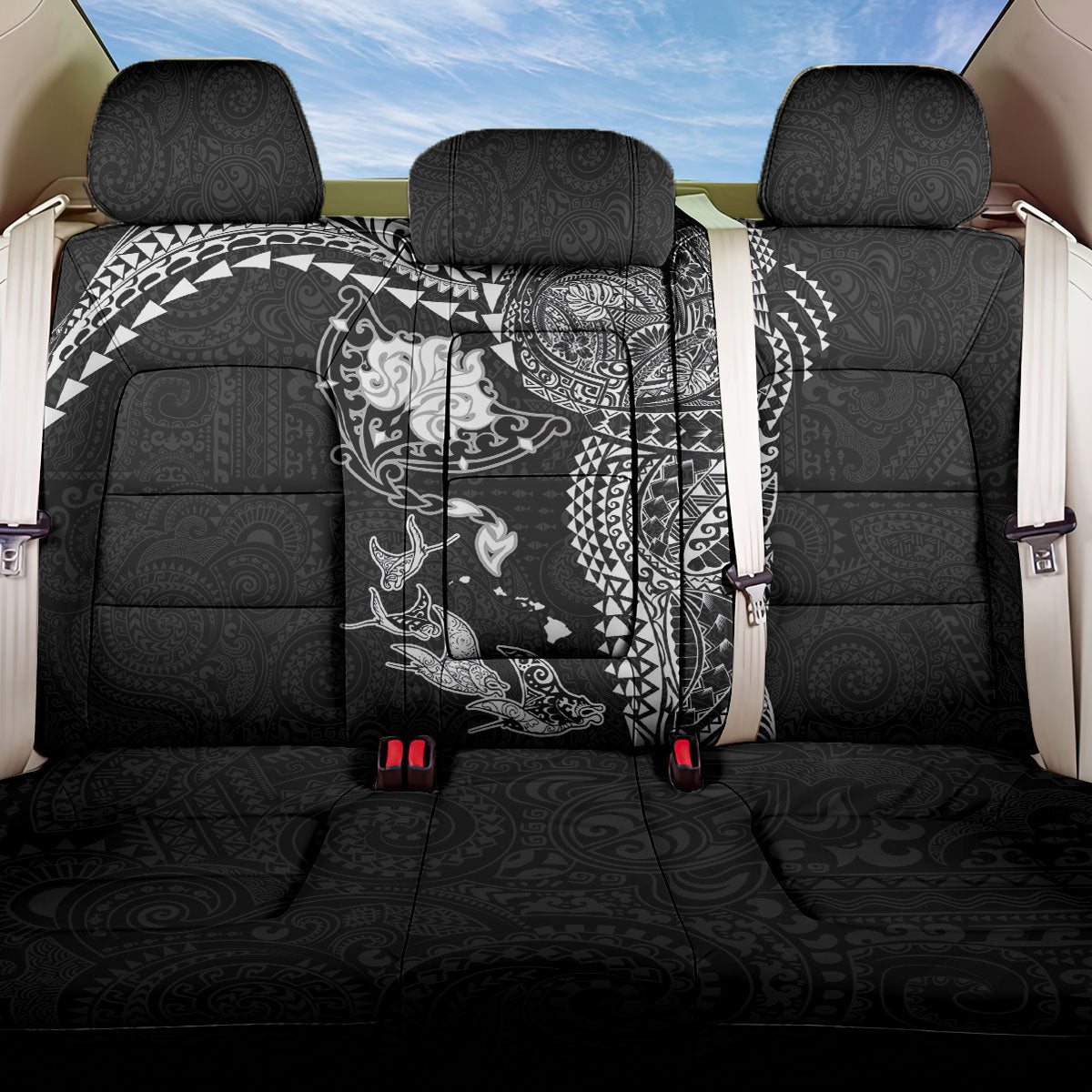 Hawaiian Manta Ray Tribal Back Car Seat Cover Polynesian Art Motifs Black Color