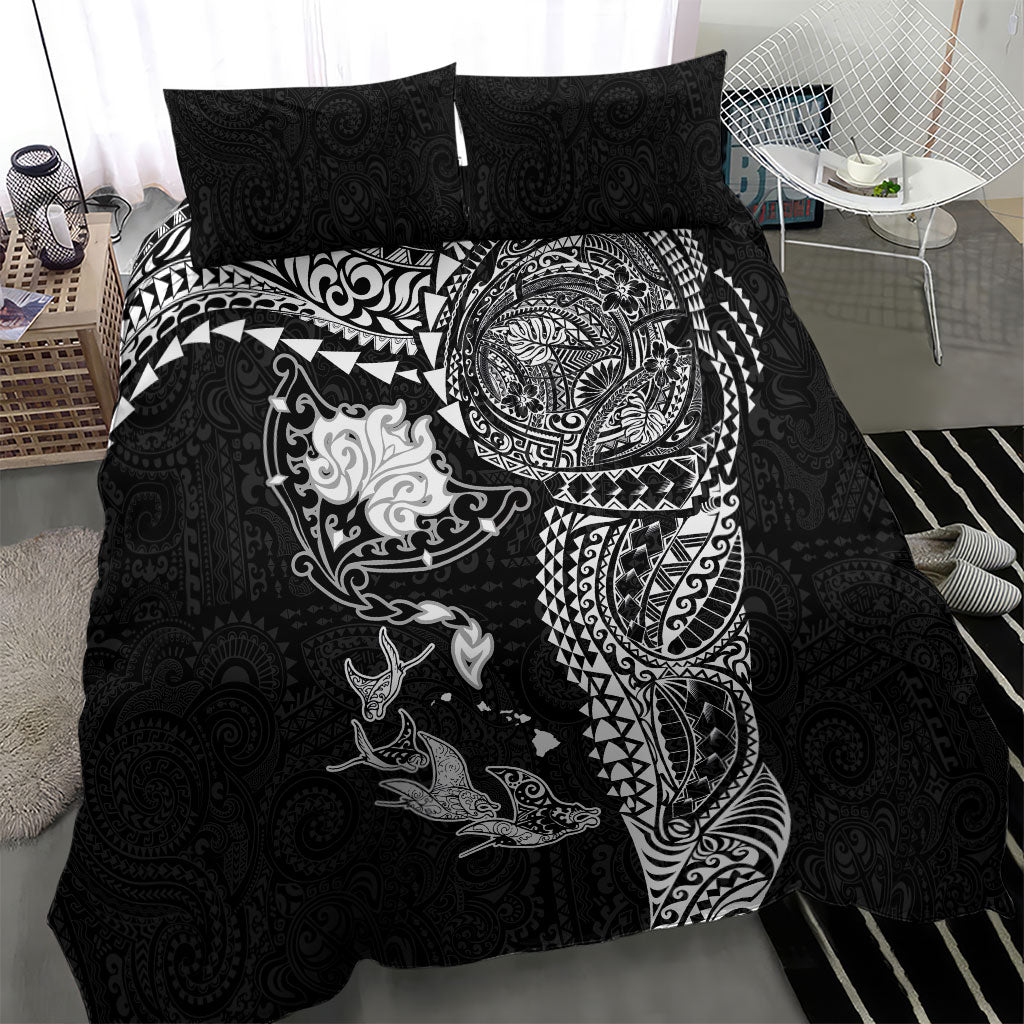 Hawaiian Manta Ray Tribal Bedding Set Polynesian Art Motifs Black Color