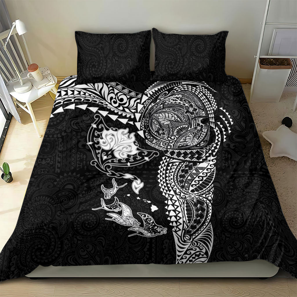 Hawaiian Manta Ray Tribal Bedding Set Polynesian Art Motifs Black Color