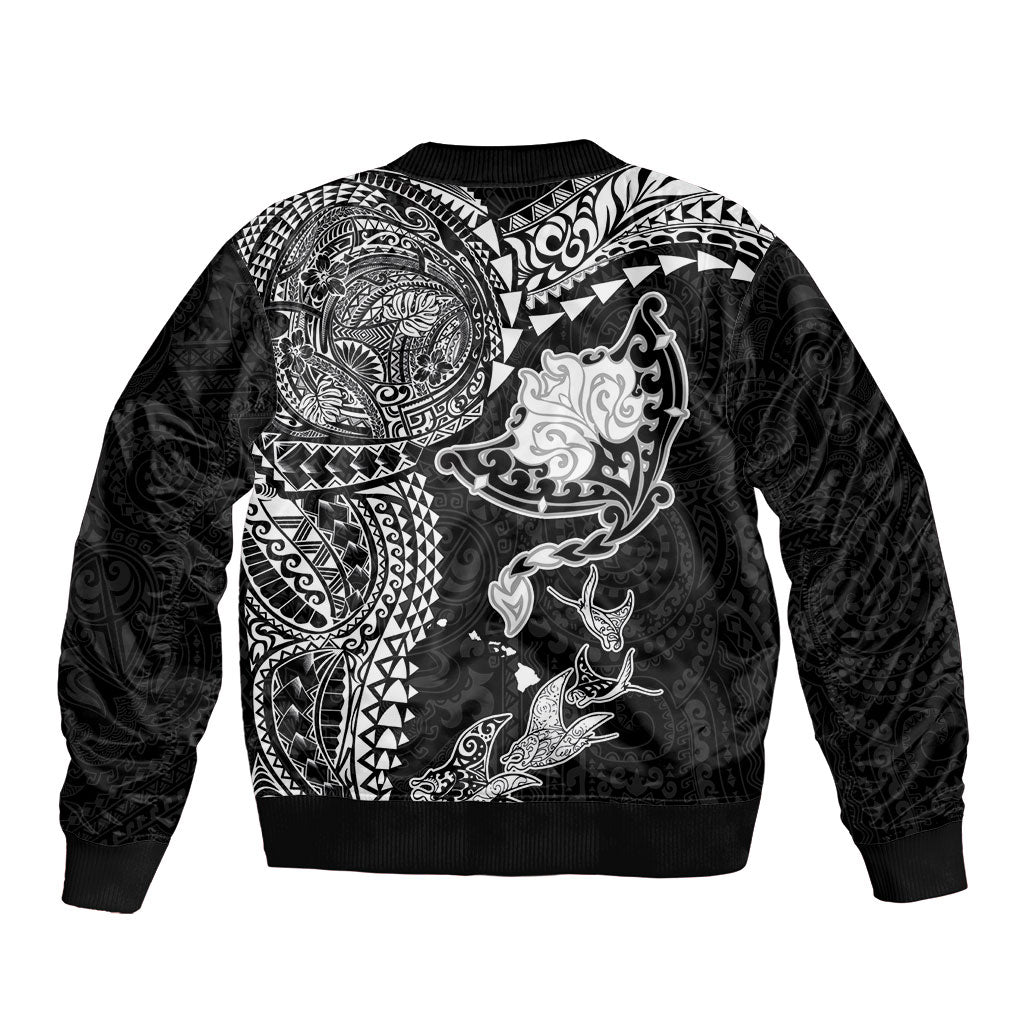 Hawaiian Manta Ray Tribal Bomber Jacket Polynesian Art Motifs Black Color