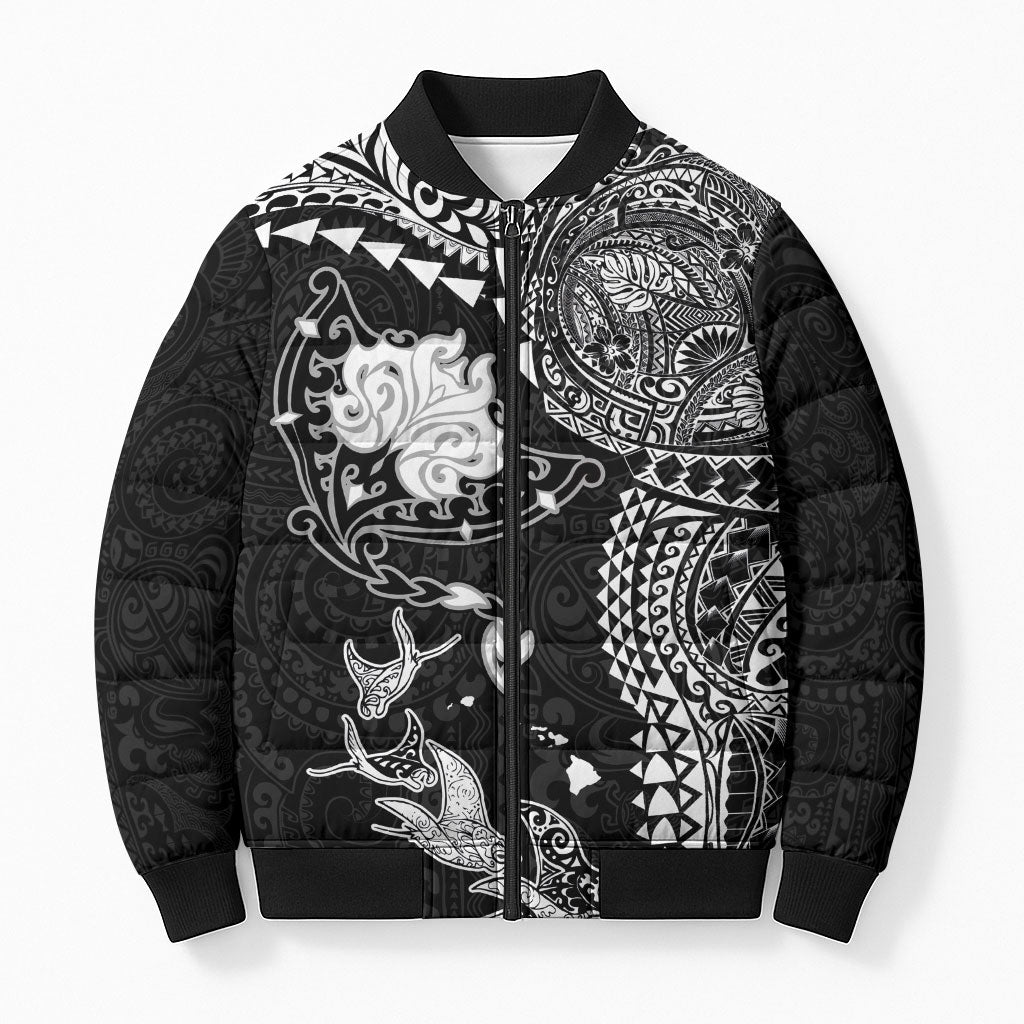 Hawaiian Manta Ray Tribal Bomber Puffer Jacket Polynesian Art Motifs Black Color