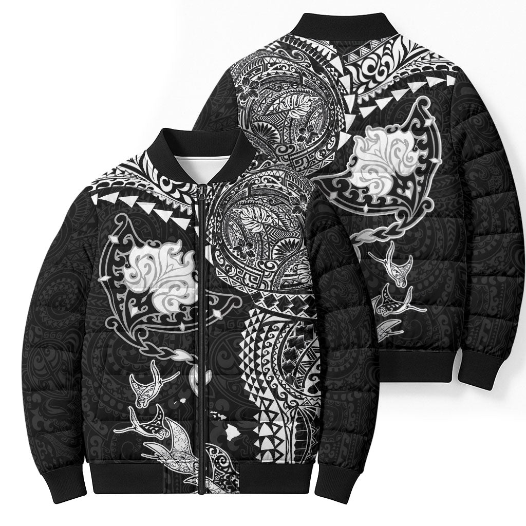Hawaiian Manta Ray Tribal Bomber Puffer Jacket Polynesian Art Motifs Black Color LT03 - Polynesian Pride