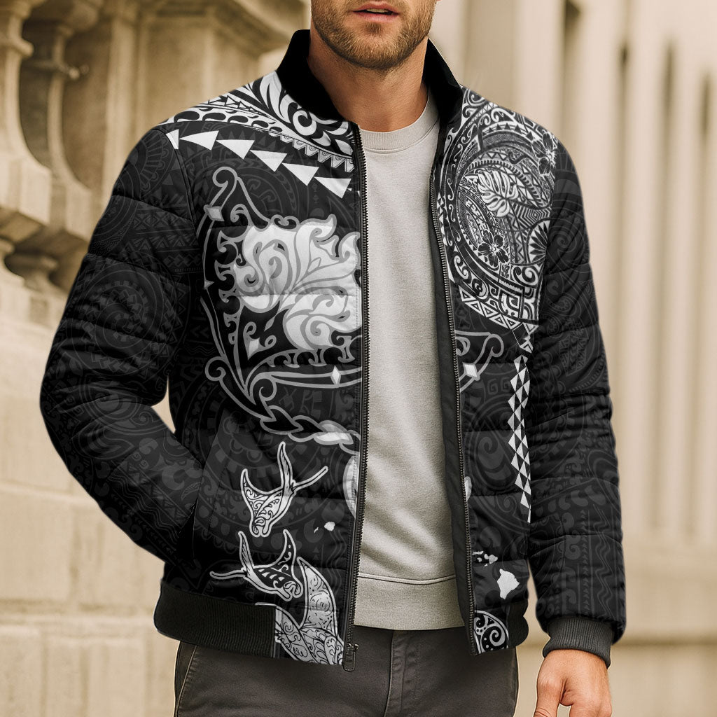 Hawaiian Manta Ray Tribal Bomber Puffer Jacket Polynesian Art Motifs Black Color LT03 - Polynesian Pride