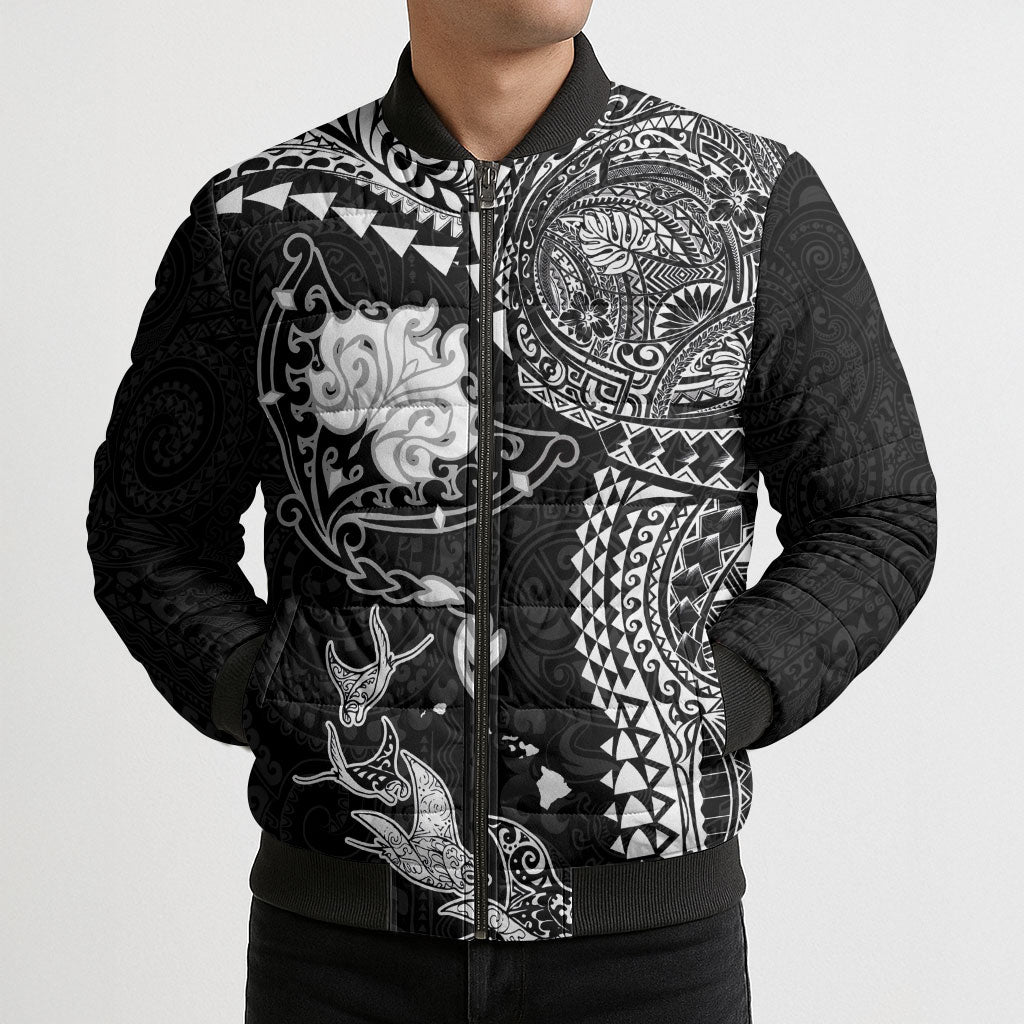 Hawaiian Manta Ray Tribal Bomber Puffer Jacket Polynesian Art Motifs Black Color LT03 - Polynesian Pride